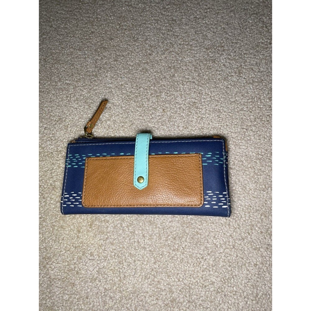 Fossil Logan Flap Clutch Navy Blue Teal Dash Canvas Leather